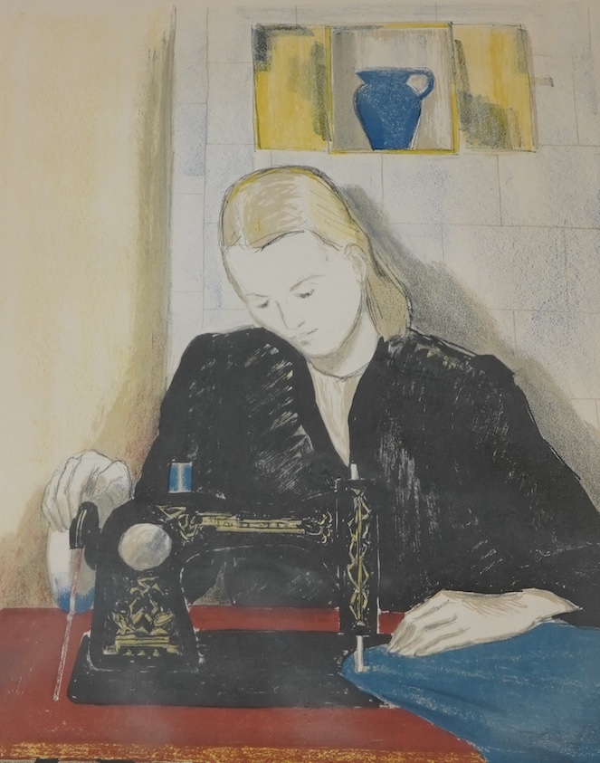 Lennart Gram (Swedish, 1910-1996), Woman using a sewing machine, unsigned, artist's details verso, colour lithograph, 47 x 36cm